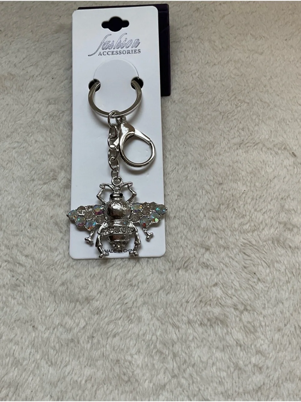 Silver Bee Keychain with Iridescent Crystal Wings